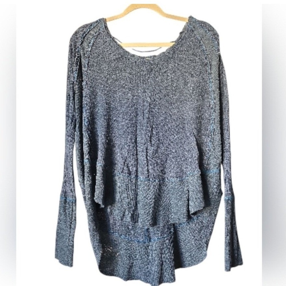 Free People We The Free Catalina Thermal Top Blue V-Neck‎ Waffle Knit High Low M
